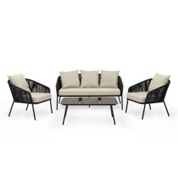 Set mobilier gradina 4 piese cu canapea sofa, 2 fotolii si masa sticla, cadru metalic, negru cu perne bej