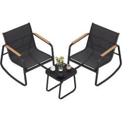 SONGMICS Set mobilier gradina cu 2 scaune balansoar si masa, cadru metalic, negru