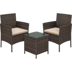 SONGMICS Set mobilier gradina cu 2 locuri, 2 scaune si masa cu sticla, ratan PE, maro