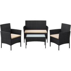 SONGMICS Set mobilier gradina 4 locuri, canapea, 2 scaune si masa cu sticla, ratan PE, negru