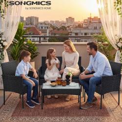 SONGMICS Set mobilier gradina 4 locuri, canapea, 2 scaune si masa cu sticla, ratan PE, negru si gri