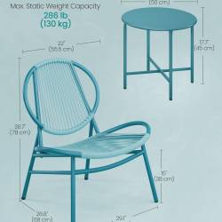 SONGMICS Set bistro gradina 3 piese, scaune Acapulco si masa diametru 50 cm, cadru metalic, albastru