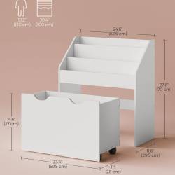 SONGMICS Raft pentru carti si jucarii copii, cu lada de depozitare pe roti, 3 rafturi, 63x30x70 cm, alb