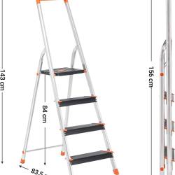 SONGMICS Scara aluminiu pliabila cu 4 trepte, latime trepte 12 cm, cu maner, sarcina 150 kg, 44x156 cm