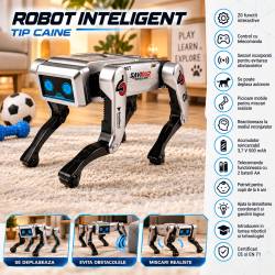 Robot caine inteligent cu telecomanda pentru copii 6 ani+, 20 functii interactive, senzori pentru evitarea obstacolelor, deplasare autonoma si miscari