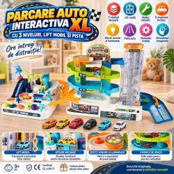 Parcare auto interactiva XL pentru copii 3 ani+, cu 3 niveluri, lift mobil pentru masinute, atelier mecanic cu elevator functional, pista auto, 6 masi