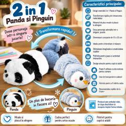 Jucarie de plus reversibila 2 in 1 Panda si Pinguin, transformabila prin intoarcere pentru 2 personaje intr-o singura jucarie, material moale si pufos