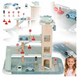 Parcare auto din lemn 3 niveluri cu lift si heliport, 48x36x37 cm, multicolor