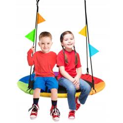 Leagan tip cuib, cu rama metalica si steaguri colorate, prindere dubla, diametru 80 cm, maxim 150 kg, multicolor