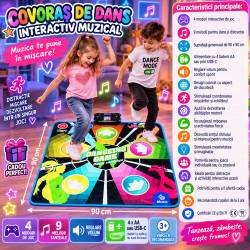 Covoras de dans muzical interactiv pentru copii 3 ani+, cu 4 moduri de joc si 9 melodii, lumini si sunete pentru distractie si dezvoltarea coordonarii