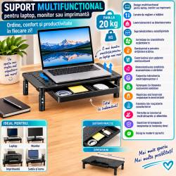 Suport multifunctional reglabil pentru laptop, monitor si imprimanta, cu 3 trepte de ajustare a inaltimii, sertar integrat pentru depozitarea accesori