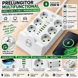 Prelungitor electric vertical tip turn cu 6 prize, 4 porturi USB-A si 2 porturi USB-C, incarcare wireless prin inductie pentru telefoane, maxim 2500 W