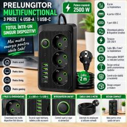 Prelungitor electric vertical tip turn cu 3 prize, 4 porturi USB-A si 1 port USB-C, alimentare simultana pana la 8 dispozitive, putere maxima 2500 W,