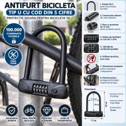 Antifurt bicicleta tip U cu cifru de siguranta din 5 cifre, constructie robusta din otel cu bara de 15 mm pentru protectie sporita impotriva furtului,