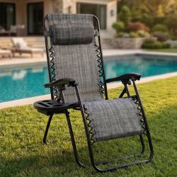 Sezlong pliabil pentru gradina cu tetiera, cadru metalic, suport pahare, maxim 120 kg, 174x65x112 cm, gri