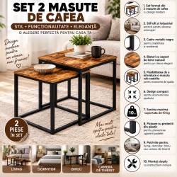 Set 2 masute de cafea tip cuib pentru living, design loft industrial cu cadru metalic, utilizare impreuna sau separat, suprapunere pentru economisirea