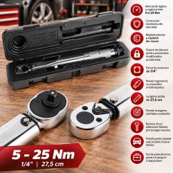 Cheie dinamometrica reglabila 5-25 Nm, cu patrat de antrenare 1/4", lungime 27,5 cm, constructie rezistenta din otel aliat, reglare manuala preci