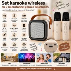 Set karaoke wireless cu 2 microfoane pentru duet si boxa Bluetooth portabila de 6 W, card TF si AUX, acumulator reincarcabil 800 mAh, design compact p