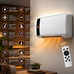 Aeroterma electrica de perete cu element ceramic PTC, putere reglabila 1000 W si 2000 W, 3 moduri functionare pentru ventilatie si incalzire, afisaj L