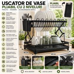 Uscator de vase pliabil cu 2 niveluri pentru farfurii, pahare si tacamuri, structura metalica rezistenta la rugina, tava de scurgere detasabila, supor