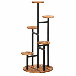Suport pentru flori si plante cu 6 niveluri, design vertical tip turn, structura metalica, polite cu aspect de lemn, baza stabila cu diametru de 39 cm