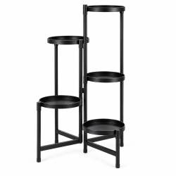 Suport pentru flori si ghivece cu 5 niveluri, structura metalica, polite rotunde cu margini inaltate si diametru de 20 cm, design modern industrial si