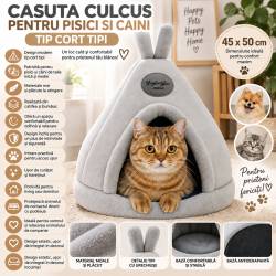 Casuta culcus pentru pisici si caini de talie mica si medie, design tip cort tipi, material moale din catifea si bumbac, usor de curatat si intretinut