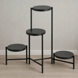 Suport pentru flori cu structura metalica, 4 niveluri, cu rafturi rotunde, 60x43x60 cm, negru