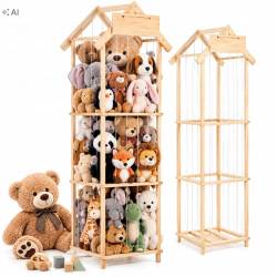 Organizator vertical pentru jucarii si plusuri cu 3 niveluri, din lemn natural de pin, corzi elastice laterale pentru acces rapid, structura rezistent