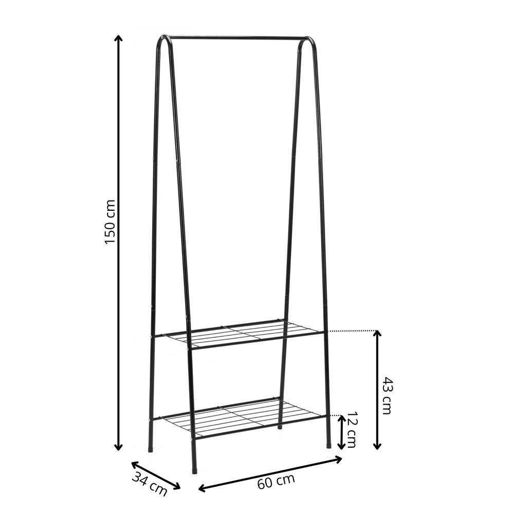 Suport metalic pentru haine cu bara si 2 rafturi, structura otel, 60x34x150 cm, negru