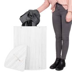 Cos de rufe triunghiular pentru colt cu capac, bambus si sac textil detasabil, 60 litri, 55x35x60 cm, alb si gri