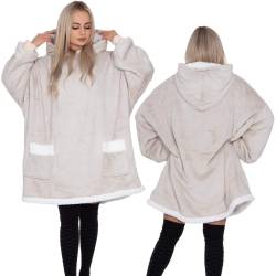 Hanorac tip patura oversize din fleece moale, cu gluga si buzunar mare, gri