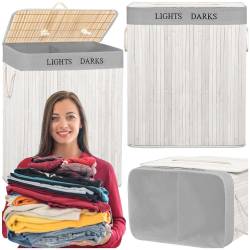 Cos pentru rufe din bambus, pliabil, cu 2 compartimente, volum 105 L, 63x52x33 cm, alb si gri