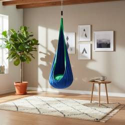 Leagan suspendat tip cocon pentru copii 70x150 cm, textil, pentru interior si exterior, albastru