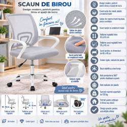 Scaun de birou ergonomic cu spatar din plasa mesh respirabila, sezut tapitat cu burete moale, cotiere pentru sustinere, baza metalica stabila cu 5 rot