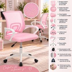 Scaun de birou ergonomic cu spatar din plasa mesh respirabila, sezut tapitat cu burete moale, cotiere pentru sustinere, baza metalica stabila cu 5 rot