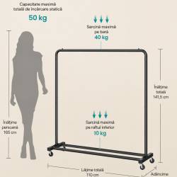 SONGMICS Suport haine mobil cu roti si polita inferioara, cadru metalic, stil industrial, 110x38x142 cm, negru