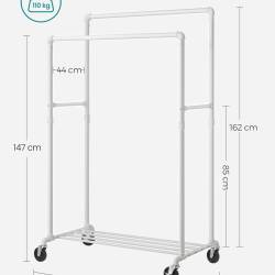 SONGMICS Suport haine cu 2 bare si raft, cu roti, cadru metalic, design industrial, 100x59x162 cm, alb