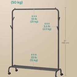 SONGMICS Suport haine metalic cu roti si raft inferior, stil industrial, 103x41x155 cm, negru