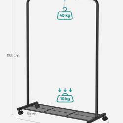 SONGMICS Suport pentru haine mobil cu roti, bara umerase si raft, stil industrial, 91x41x158 cm, negru