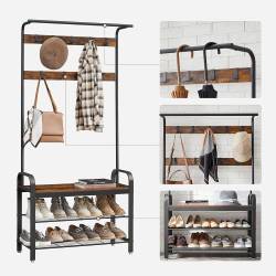 VASAGLE Cuier pentru hol cu banca si suport pantofi, stil industrial, 84x34x183 cm, maro rustic