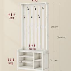VASAGLE Cuier pentru hol cu banca, raft pantofi si 7 carlige duble, 81x35x180 cm, alb rustic