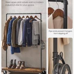 VASAGLE Suport haine cu bara metalica si raft inferior, cadru metalic si PAL, stil industrial, 104x40x162 cm, maro rustic si negru
