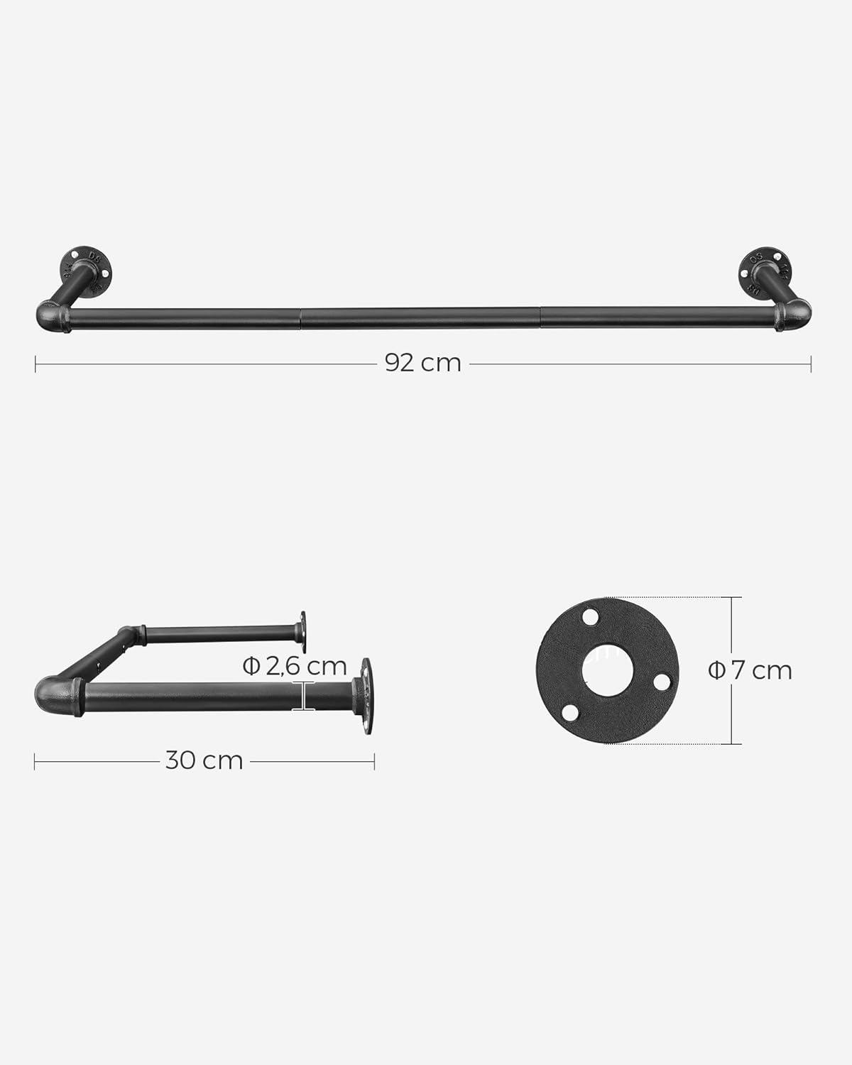 SONGMICS Suport bara de perete pentru haine, stil industrial, metal, 92x30 cm, negru
