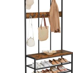 VASAGLE Cuier hol cu 12 carlige si banca pantofi, cadru metalic, stil industrial, 100x40x186 cm, maro rustic