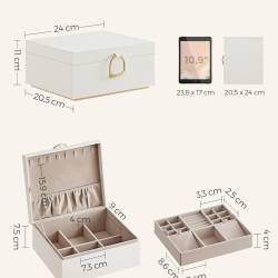SONGMICS Cutie bijuterii 2 niveluri cu tava detasabila, compartimentata, MDF si catifea, 24x21x11 cm, alb