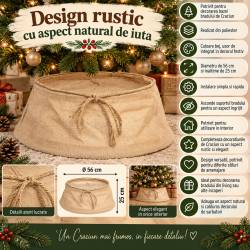 Cos decorativ pentru baza bradului de Craciun, diametru 56 cm si inaltime 25 cm, design rustic cu aspect de iuta, pentru mascarea suportului bradului