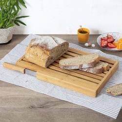 Tava pentru taiat paine Atmosphera din bambus cu cutit inclus, 44x27 cm, bej