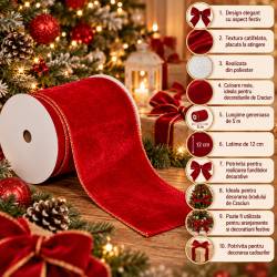 Panglica decorativa din catifea pentru bradul de Craciun, rola de 5 m lungime si 12 cm latime, textura moale si catifelata, potrivita pentru decorarea