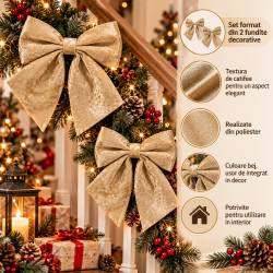 Set 2 fundite decorative din catifea pentru bradul de Craciun, dimensiuni 10x12 cm, material cu textura moale si catifelata, ideale pentru realizarea